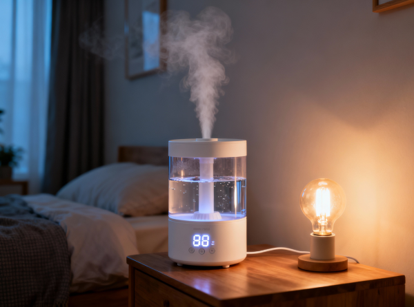 침실에서 작동 중인 초음파 가습기와 따뜻한 조명 - 임신 중 안전한 가습기 사용을 위한 환경 조성