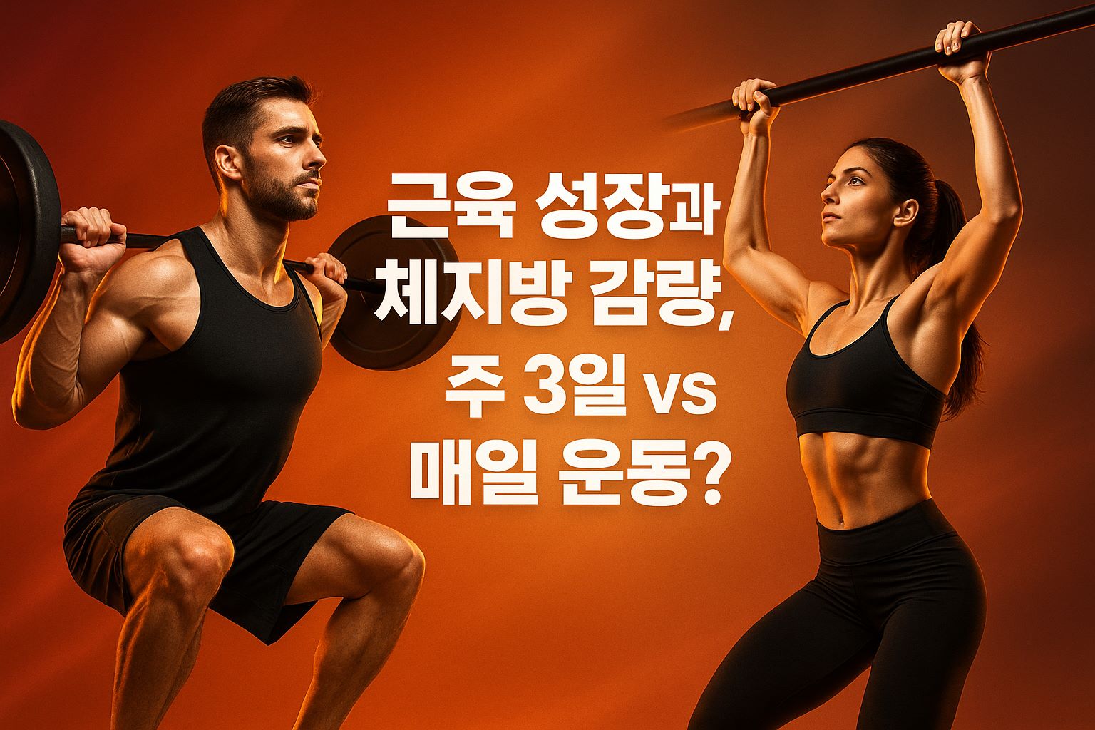 바벨 스쿼트와 턱걸이 자세의 남녀가 주 3일 운동과 매일 운동의 효과를 비교하는 고퀄리티 썸네일 이미지