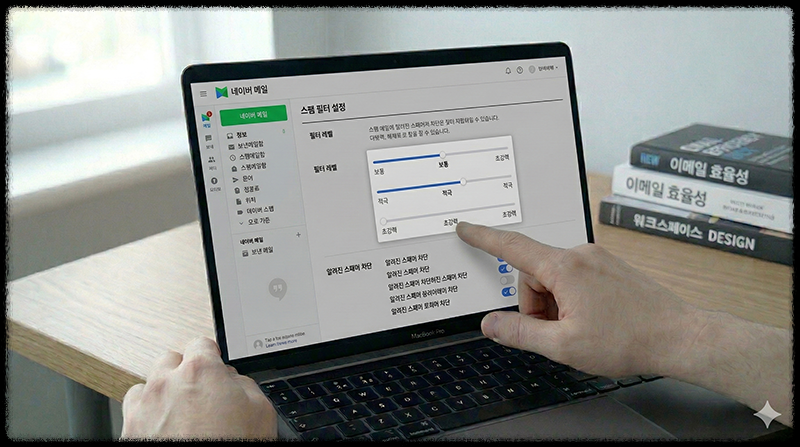 메일 서비스에서 스팸 필터 강도를 조정하는 모습