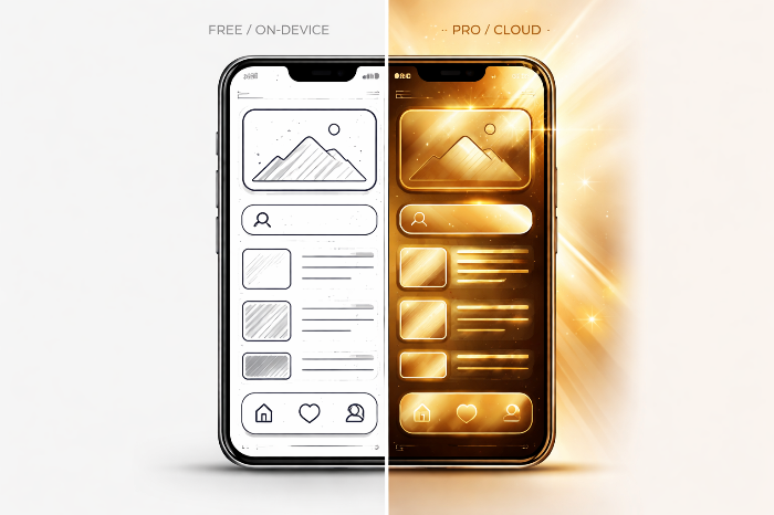 무료로 제공되는 온디바이스 기능과 유료로 제공되는 클라우드 고성능 기능의 티어 구분 이미지
