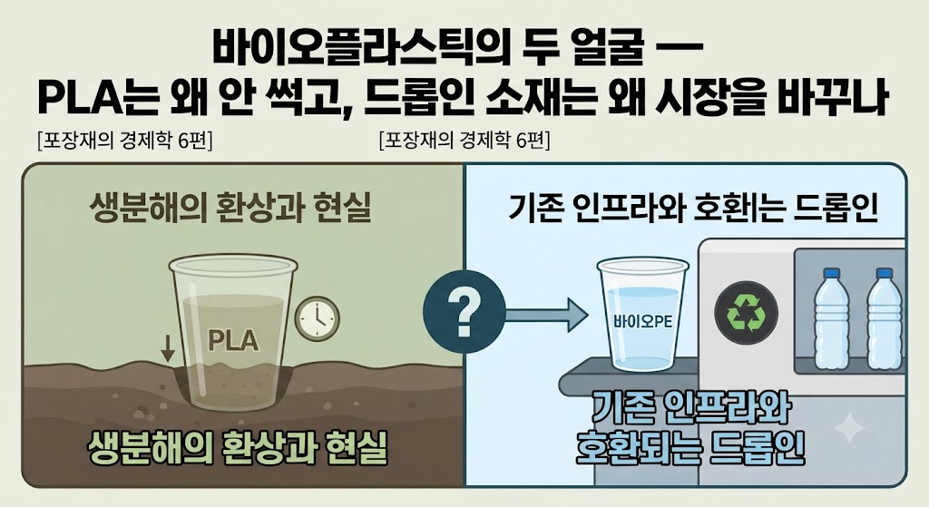 블로그 전체 내용을 포괄하는 썸네일입니다. 반으로 나뉜 화면 왼쪽에는 '생분해성 플라스틱(PLA)'이 자연 상태에서 분해되지 않고 오래 남아있는 모습을, 오른쪽에는 '바이오기반 플라스틱(드롭인)'이 기존 재활용 시스템에 녹아드는 모습을 대조적으로 배치했습니다. 상단에는 굵은 한글 제목으로 '바이오플라스틱의 두 얼굴: PLA vs 드롭인'이라고 명시하여 호기심을 자극합니다.