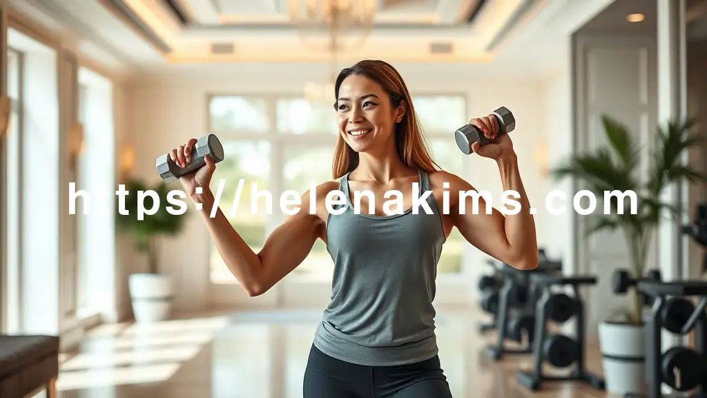 밝고 깨끗한 실내 공간에서 여성이 가벼운 아령으로 근력 운동을 하고 있어요.
