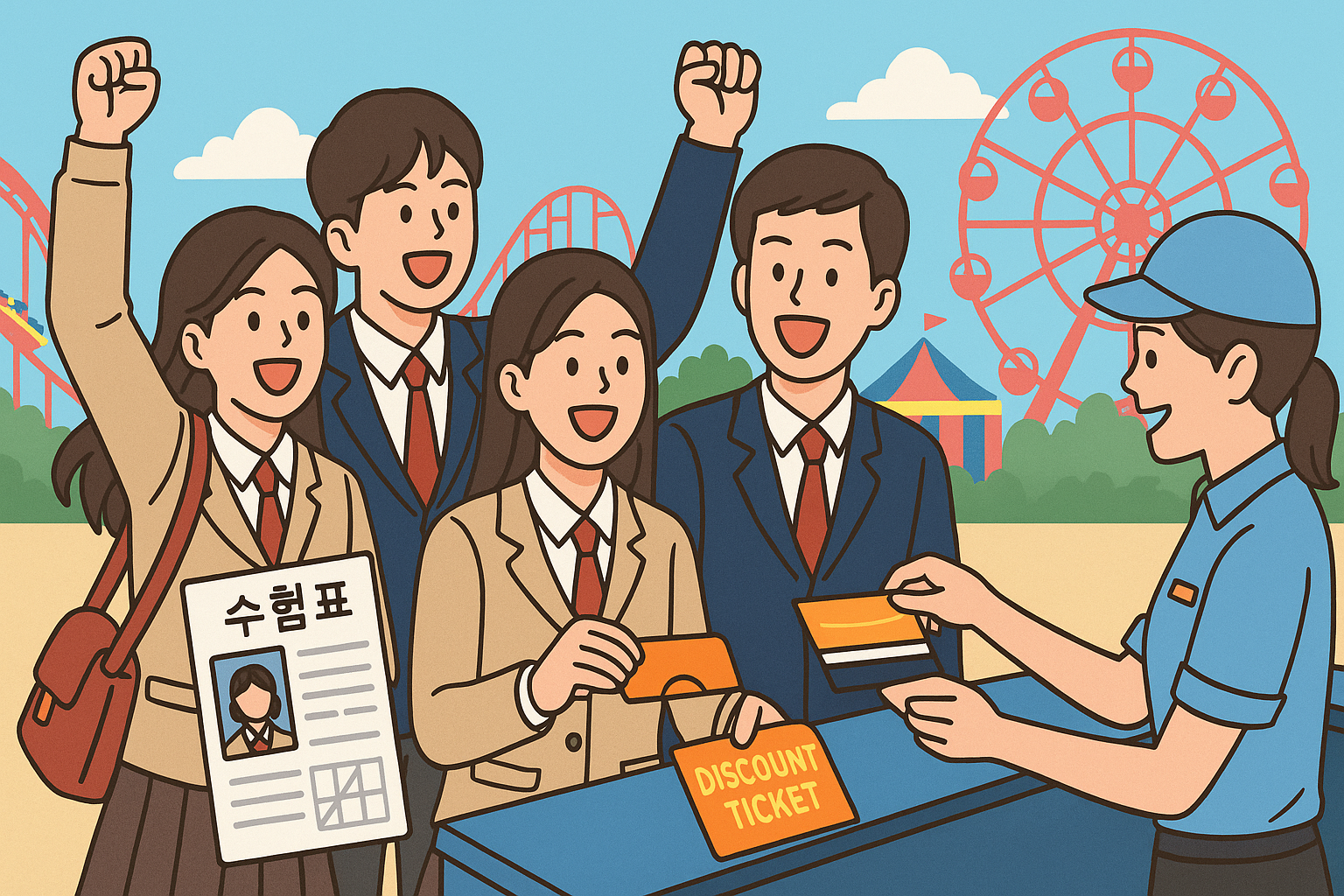 수험표 할인 받고 놀이동산 입장하려는 학생들