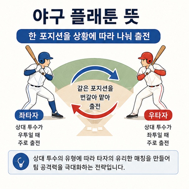 좌타자와 우타자가 같은 포지션을 상대 투수에 따라 번갈아 맡는 야구 플래툰 전략을 설명한 이미지