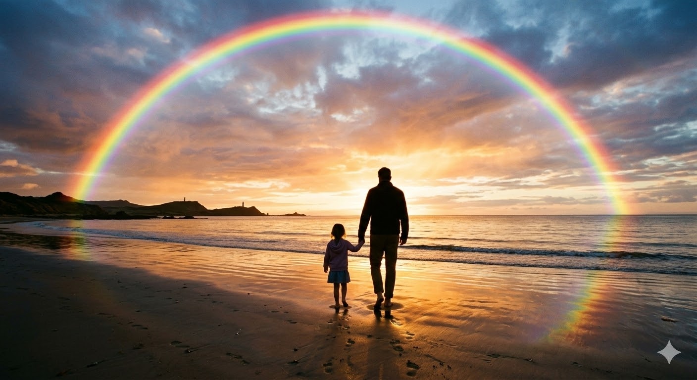 거친 파도가 지나간 뒤 무지개 뜬 바다를 보며 아이의 손을 잡고 든든하게 서 있는 아빠의 뒷모습