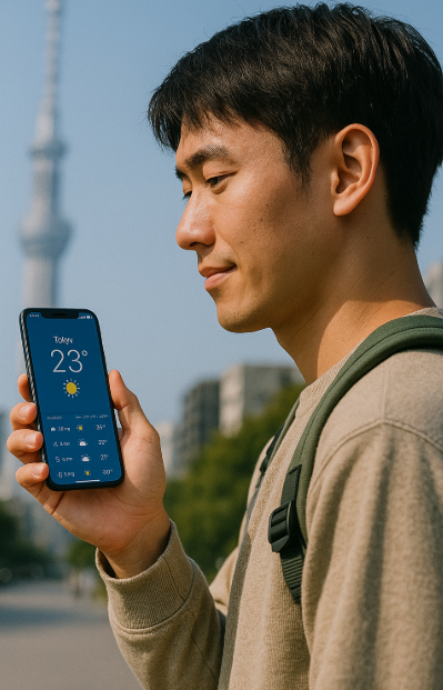 여행중 날씨 앱으로 날씨 확인하는 사진