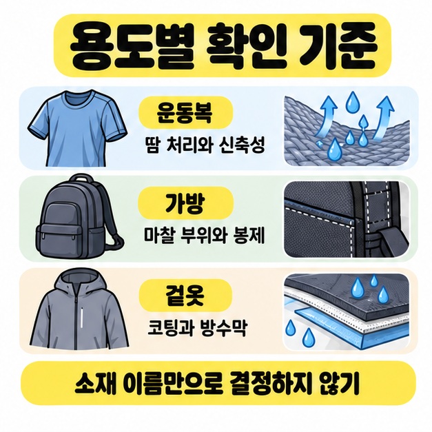운동복의 땀 처리와 신축성, 가방의 마찰 부위와 봉제, 겉옷의 코팅과 방수막을 제품 삽화와 연결한 그림