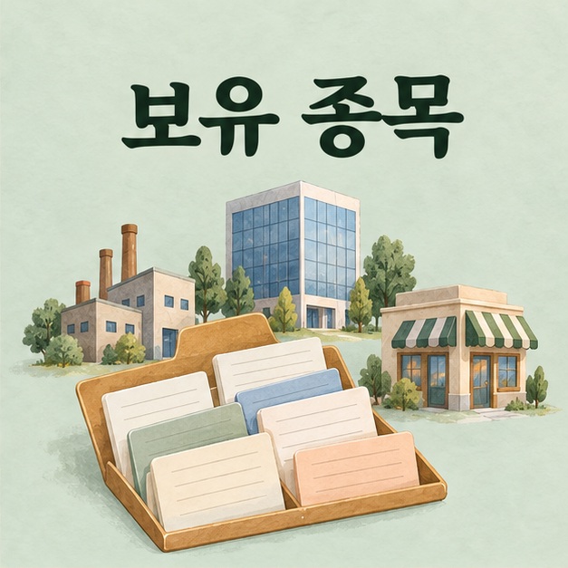 서류 카드와 다양한 기업 건물로 표현한 포트폴리오의 보유 종목