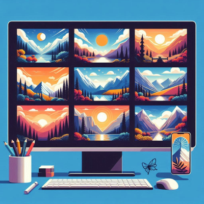 여러 개의 모니터에서 다양한 디지털 풍경을 디자인하는 작업 환경.