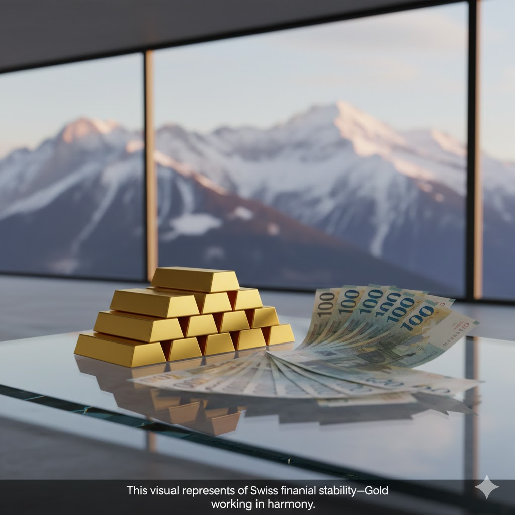 A high-quality 3D render of gold bars and Swiss Franc banknotes against the backdrop of the Swiss Alps, symbolizing financial stability.