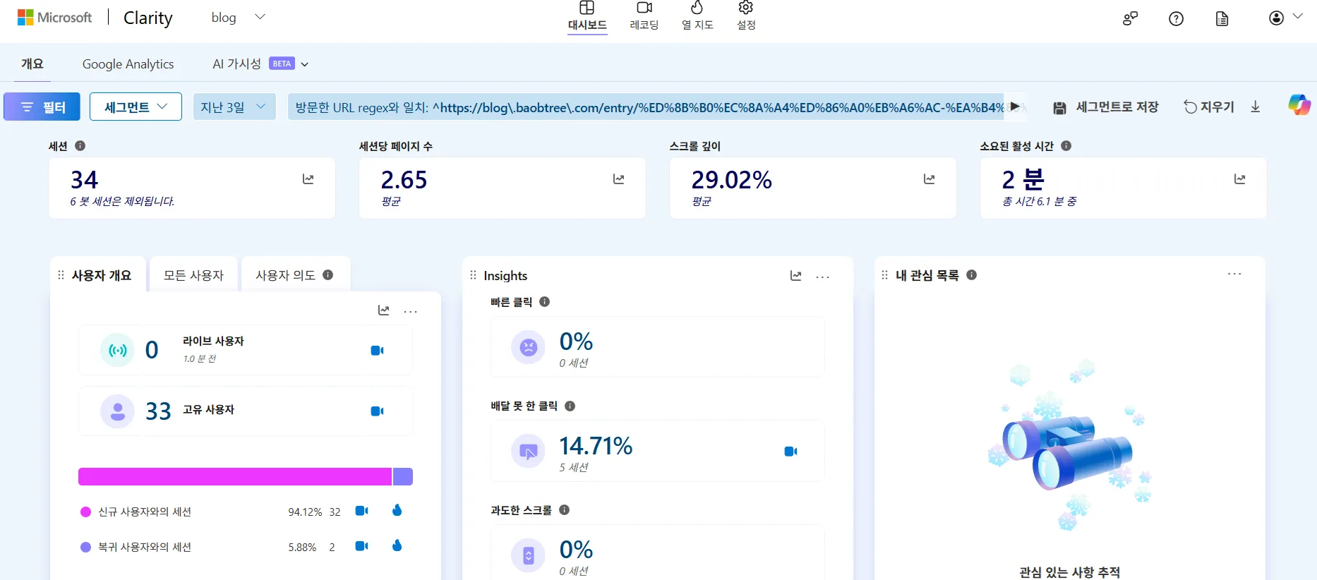 세션 녹화 Clarity 대시보드