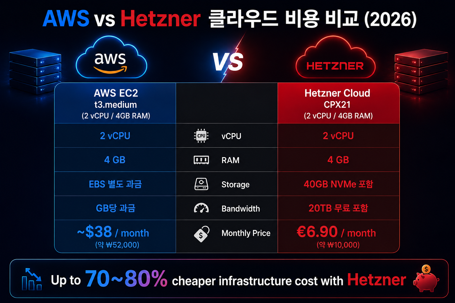 AWS EC2와 Hetzner 동일 사양 가격 비교표