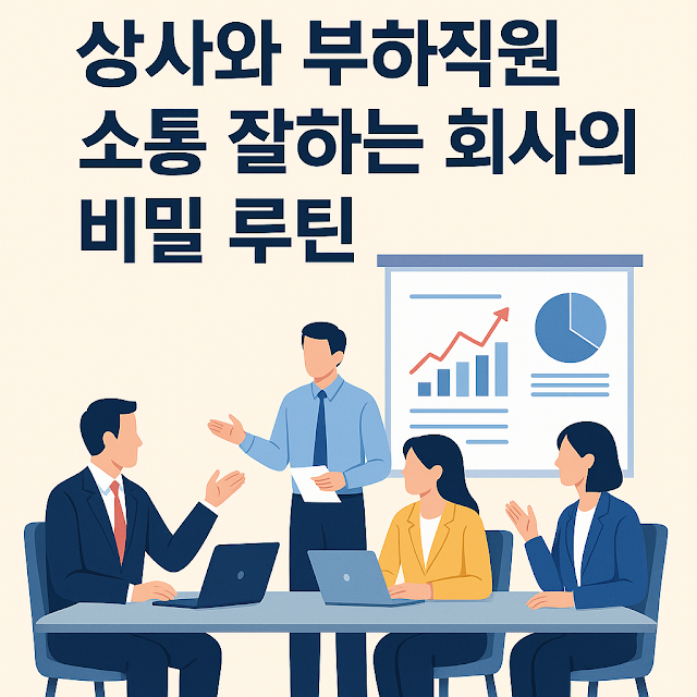 회의 중인 상사와 부하직원들이 서로 대화하며 업무 그래프 앞에 서 있는 일러스트
