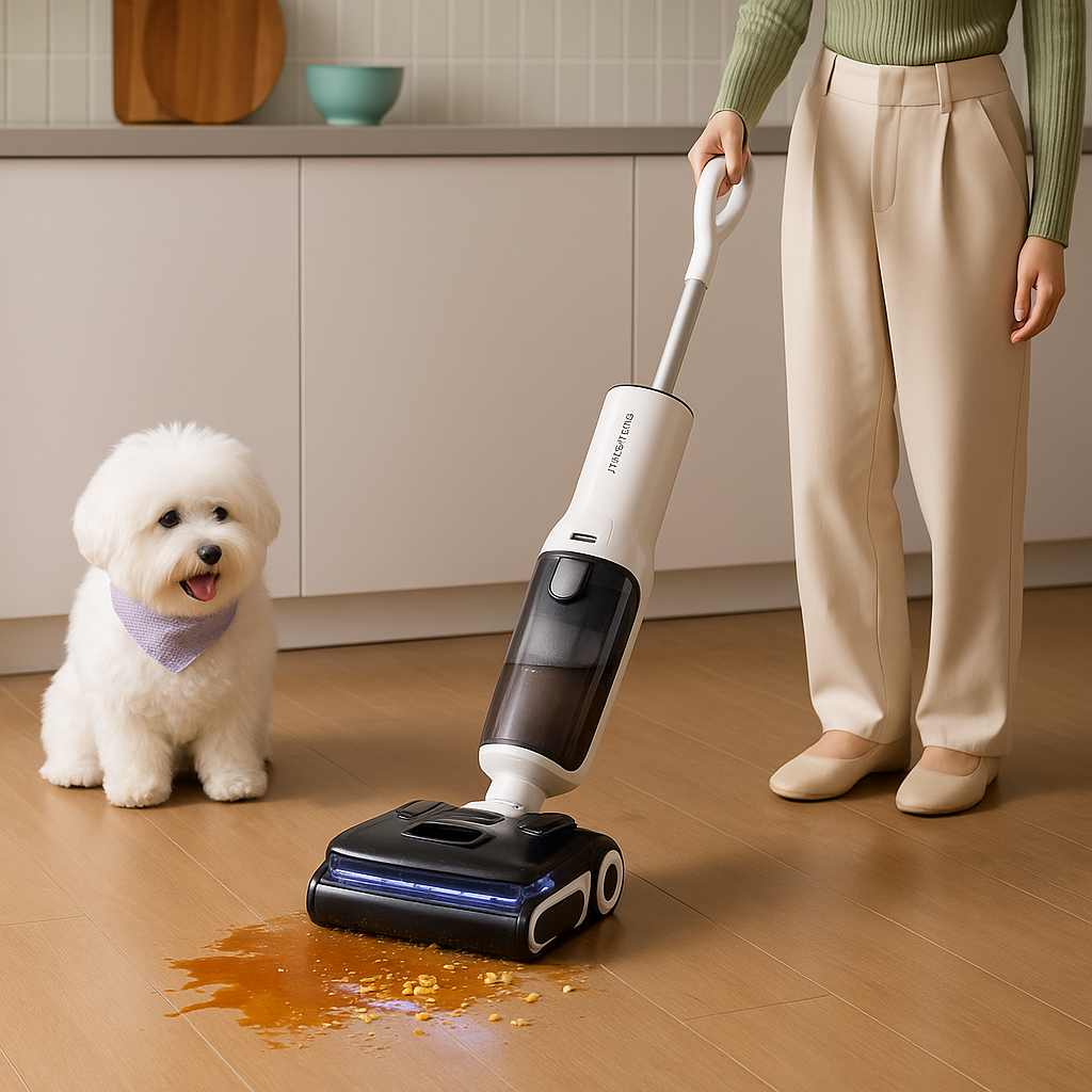 반려견이 바라보는 가운데 로보락 F25 울트라가 주방 바닥의 오염을 청소하는 장면