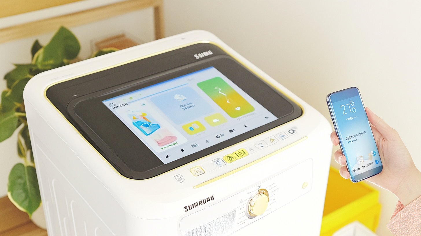 스마트폰 앱으로 연결되어 원격 제어 기능을 강조하는 혁신적인 삼성 세탁기 건조기.