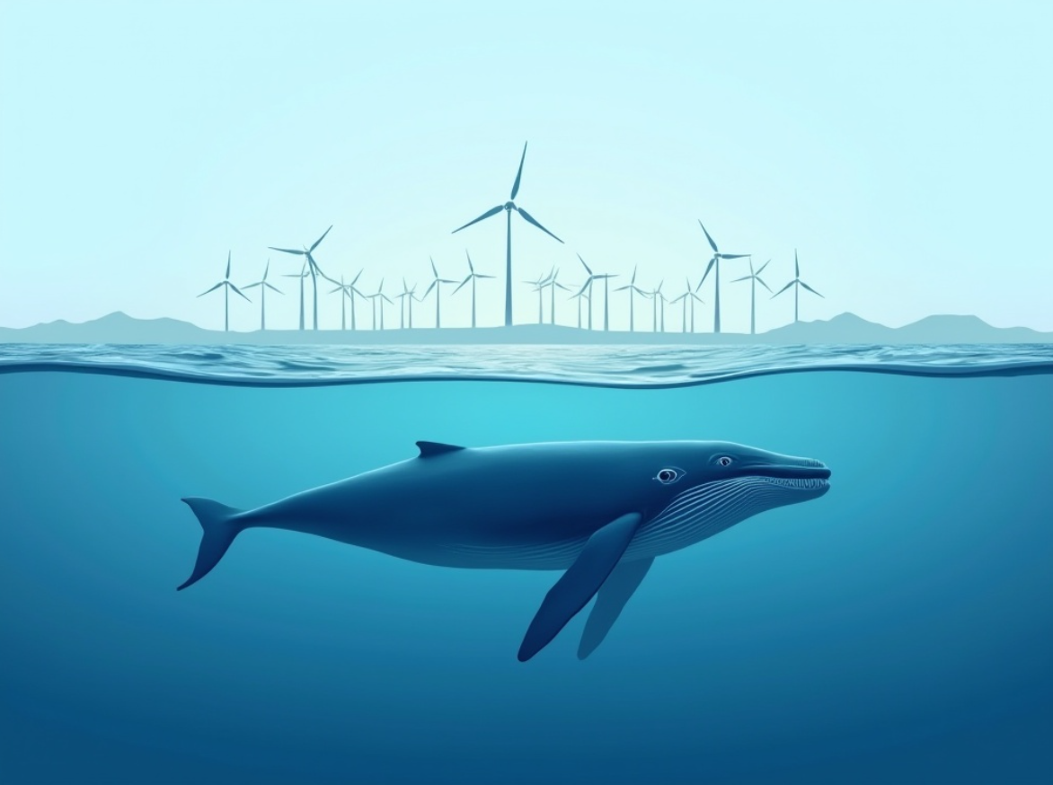 대왕고래가 바다아래에 있고 지면에는 풍력발전기가 가동되고 있는 모습