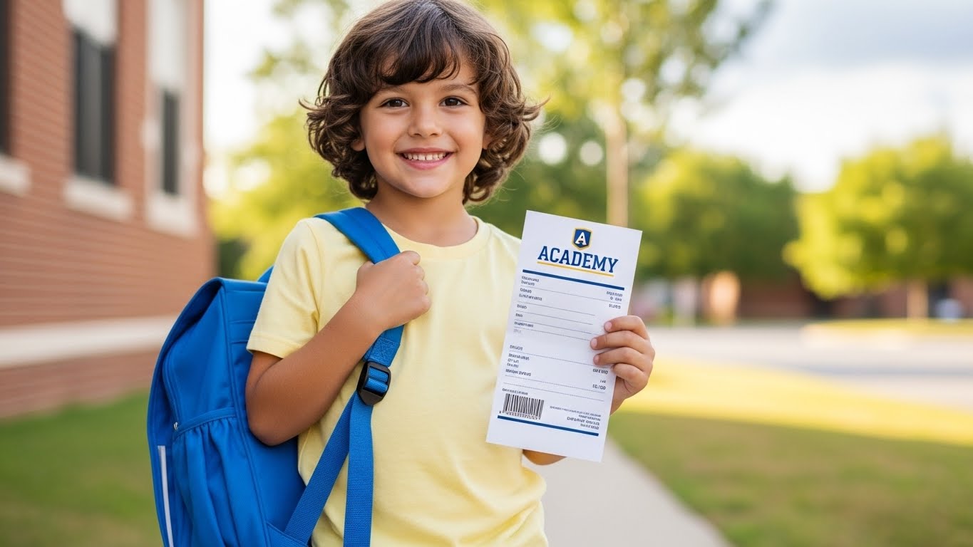 유치원 가방을 멘 아이와 학원 영수증 이미지