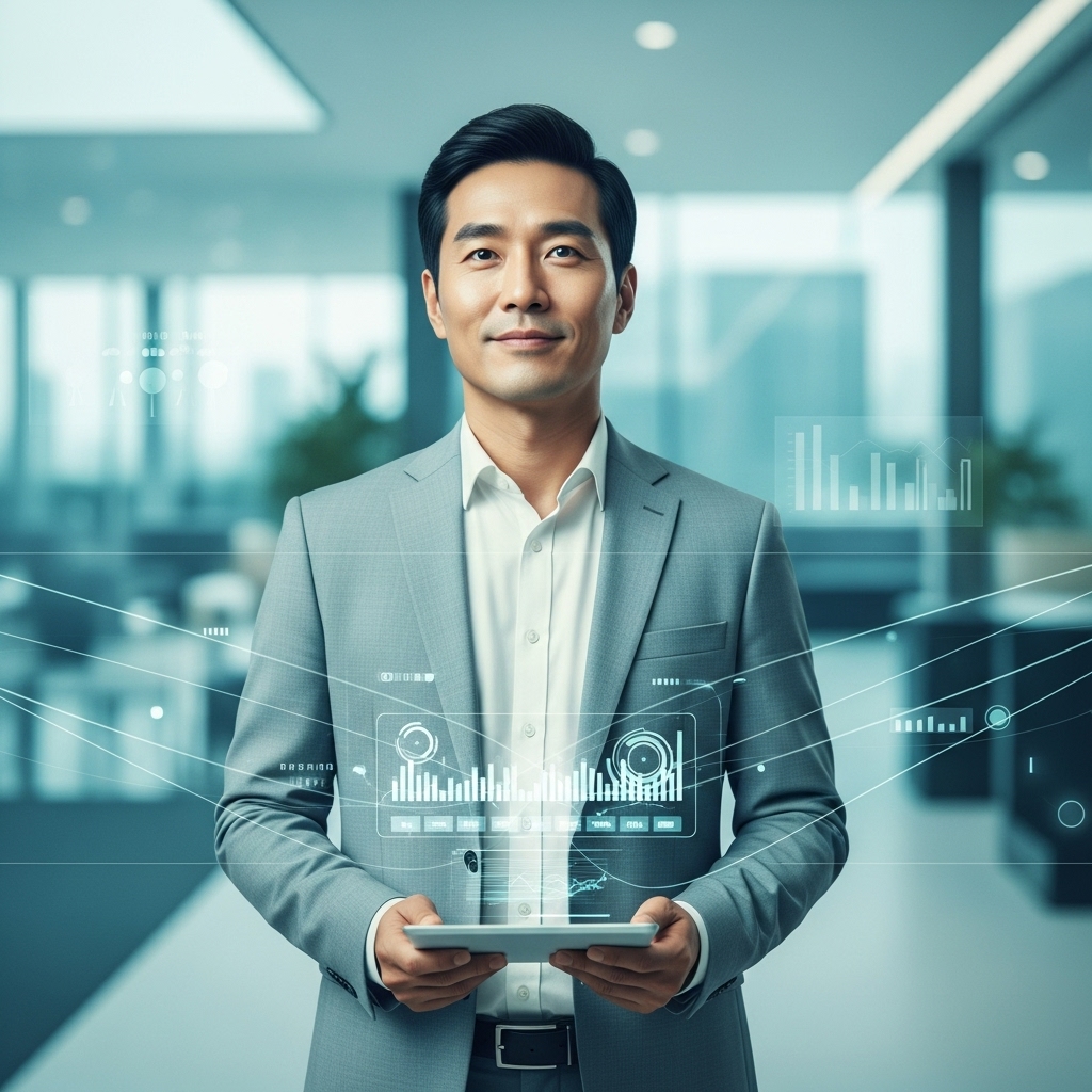 40대 남성이 태블릿을 들고 IT 오피스를 배경으로 자신감 있게 서 있는 모습, IT 재취업 성공을 상징합니다.
