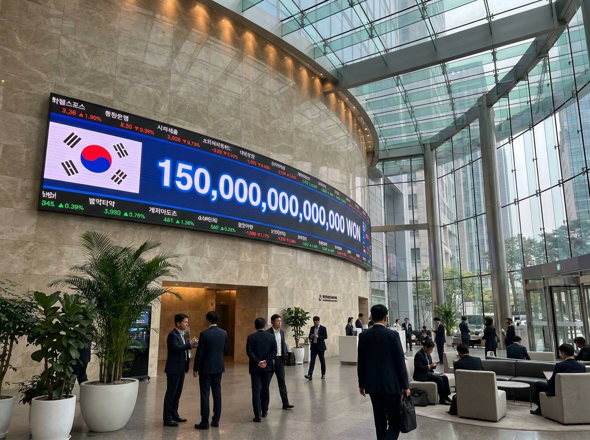 150조 원이라는 거대한 숫자가 적힌 디지털 전광판과 대한민국 국기가 조화롭게 배치된 현대적인 금융 센터 로비 전경
