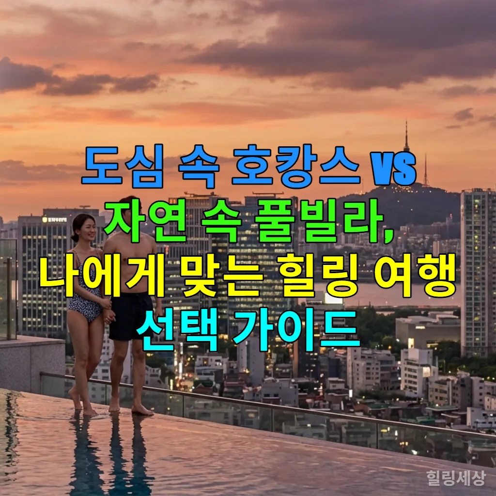 도심 속 호캉스와 자연 속 풀빌라를 고민하는 한국인 커플이 서울의 노을 지는 도심을 배경으로 호텔 인피니티 풀에서 행복하게 서 있는 모습.
