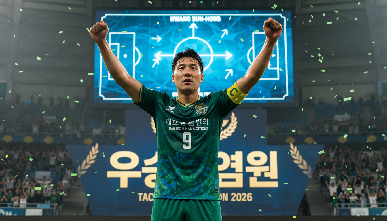 2026 시즌 대전 하나 시티즌의 새로운 주장으로 선임된 스트라이커 주민규 선수가 주장 완장을 차고 환호하는 모습. 황선홍 감독의 전술적 비전을 암시하는 배경과 함께 팀의 우승 염원을 상징적으로 보여줍니다.