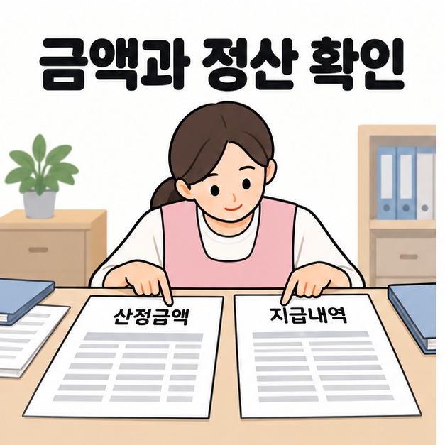 금액과 정산 확인 제목 아래 산정금액과 지급내역 문서를 나란히 놓고 손가락으로 대조하는 요양보호사