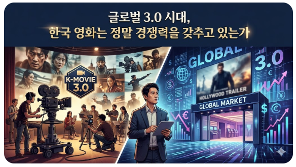 왼쪽 (K-무비 3.0): 따뜻하고 예술적인 스튜디오 조명 아래에서 한국의 고유한 정서와 창의성을 담은 영화 제작 현장을 형상화했습니다.

오른쪽 (글로벌 시장): 차갑고 기술적인 블루 톤의 데이터 스트림과 글로벌 트렌드 차트를 통해 거대 자본이 움직이는 해외 시장의 치열한 경쟁을 나타냅니다.

중앙: 고민에 빠진 한국 영화 프로듀서와 '글로벌 3.0' 시대의 불확실성을 상징하는 progress bar를 배치하여 논의의 핵심을 형상화했습니다.