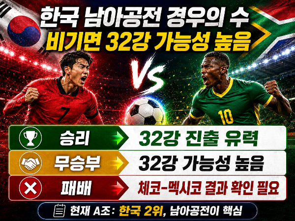 2026 월드컵 한국 남아공전 비기면 32강 진출 경우의 수 인포그래픽
