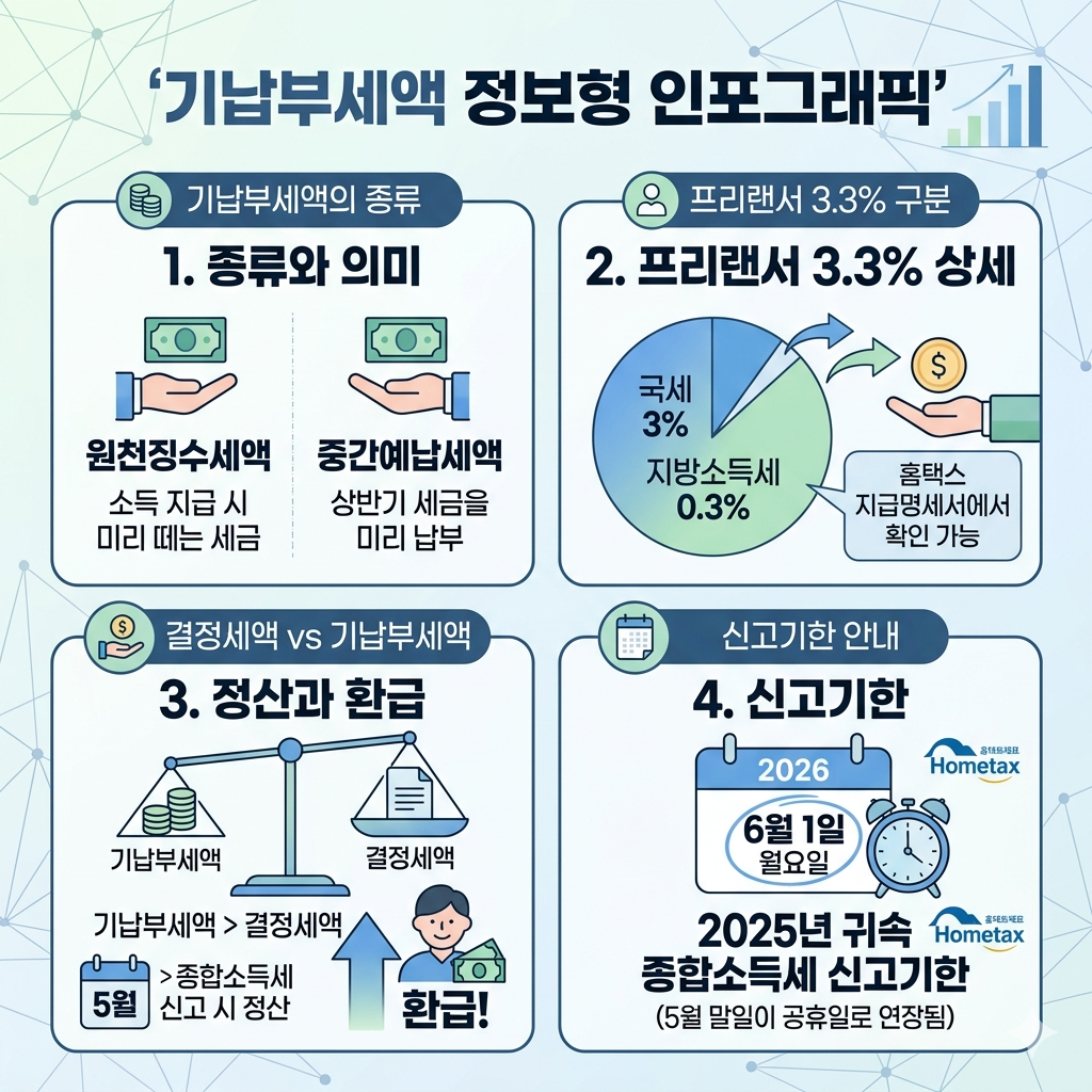 기납부세액 뜻과 확인방법｜종합소득세 환급&middot;원천징수&middot;중간예납 계산법 인포그래픽