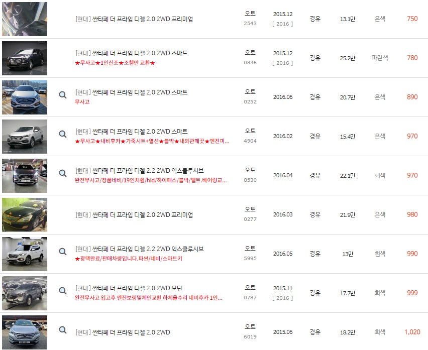 싼타페 더 프라임 중고차 최저가