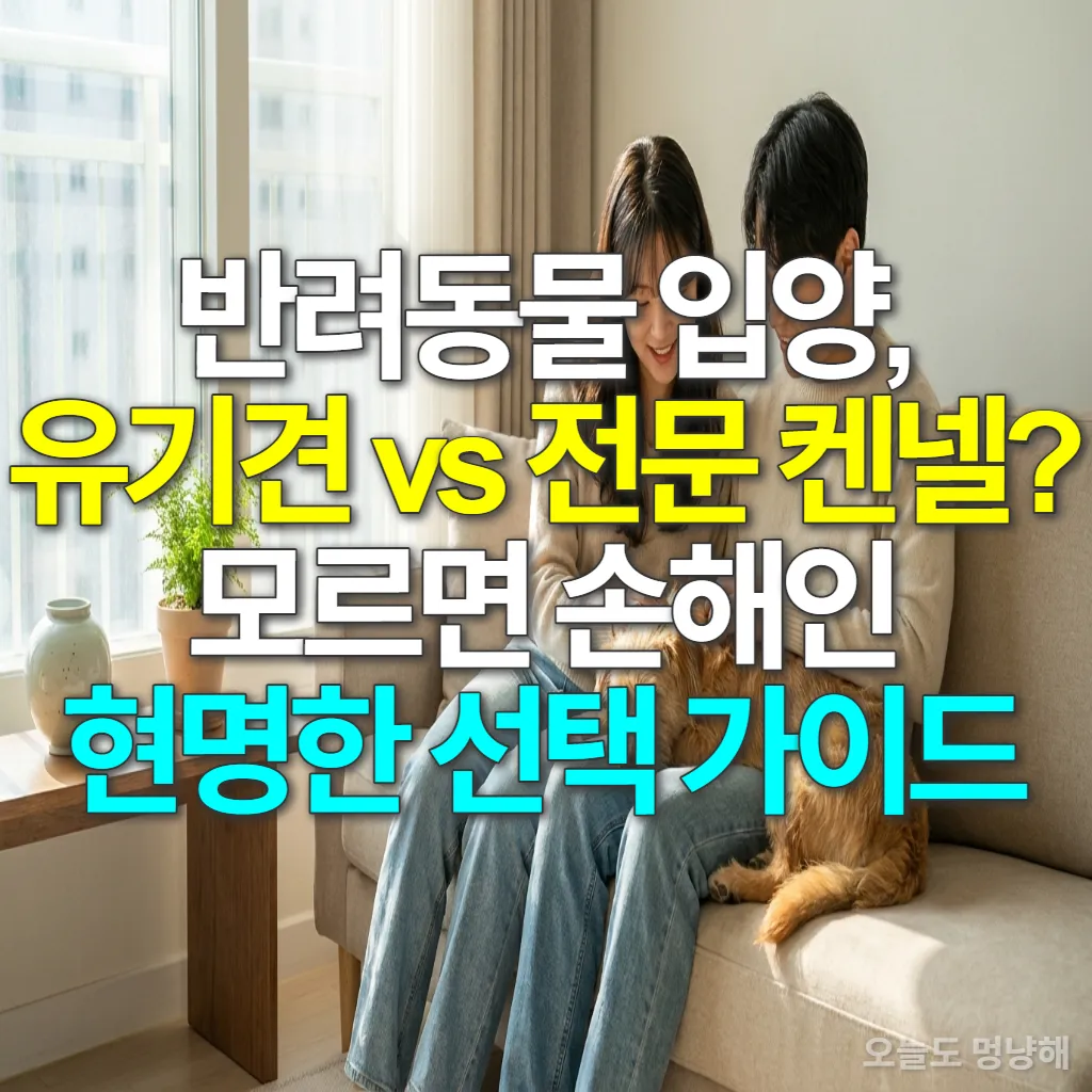 거실 소파에 앉아 유기견을 쓰다듬는 젊은 한국인 부부의 모습