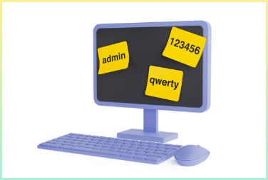 취약한 암호으로 인한 사이버 보안 위험. 흰색 배경에 일반적인 암호를 보여주는 스티커 메모가 있는 컴퓨터 모니터. 3d 렌더링