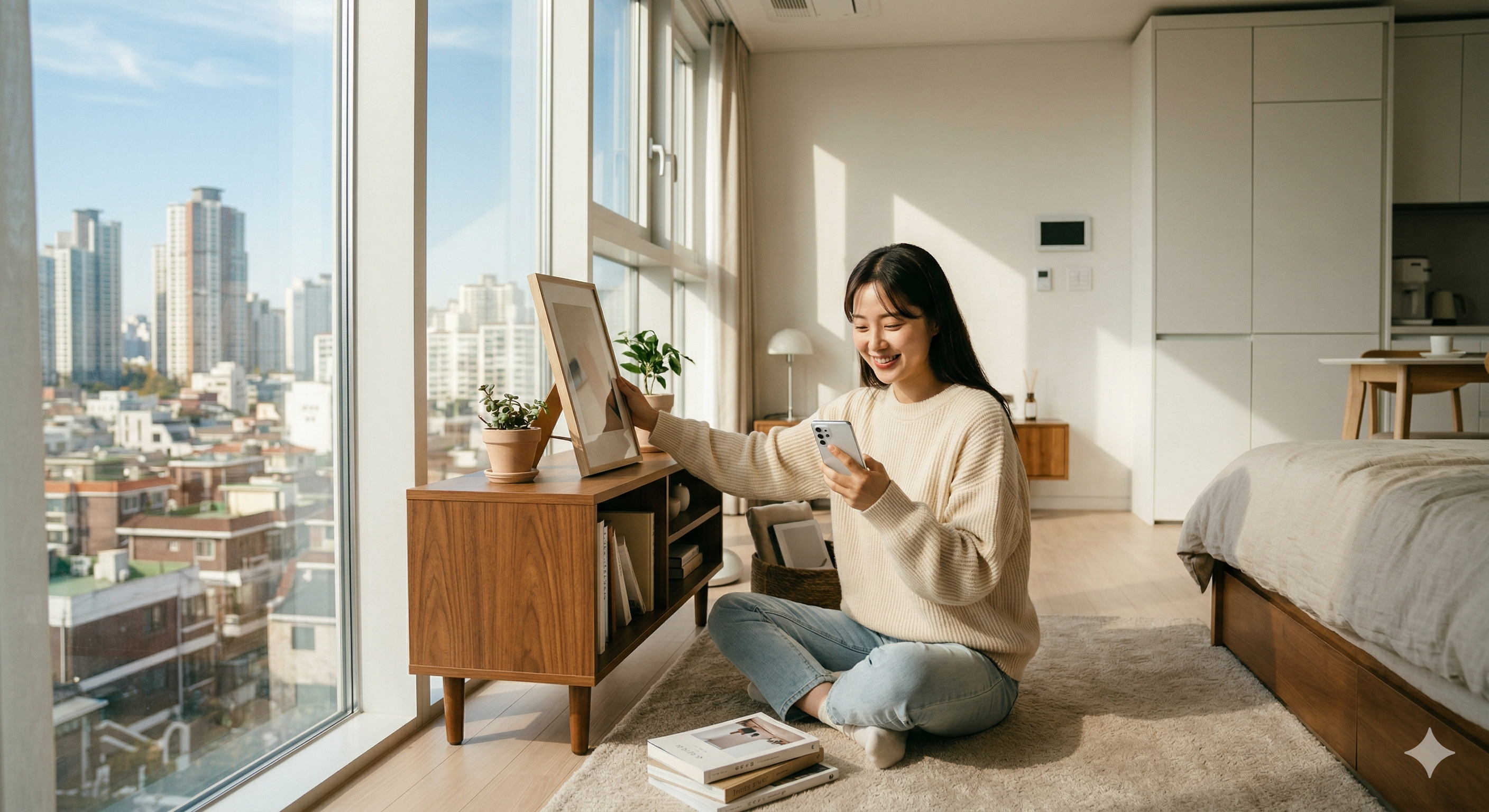 서울의 현대적이고 밝은 원룸에서 행복한 표정으로 스마트폰을 확인하며 자립의 기쁨을 누리는 20대 청년의 모습. 청년월세지원을 통해 주거비 부담을 덜고 안정적인 생활을 시작하는 긍정적인 이미지를 담은 고해상도 사진.