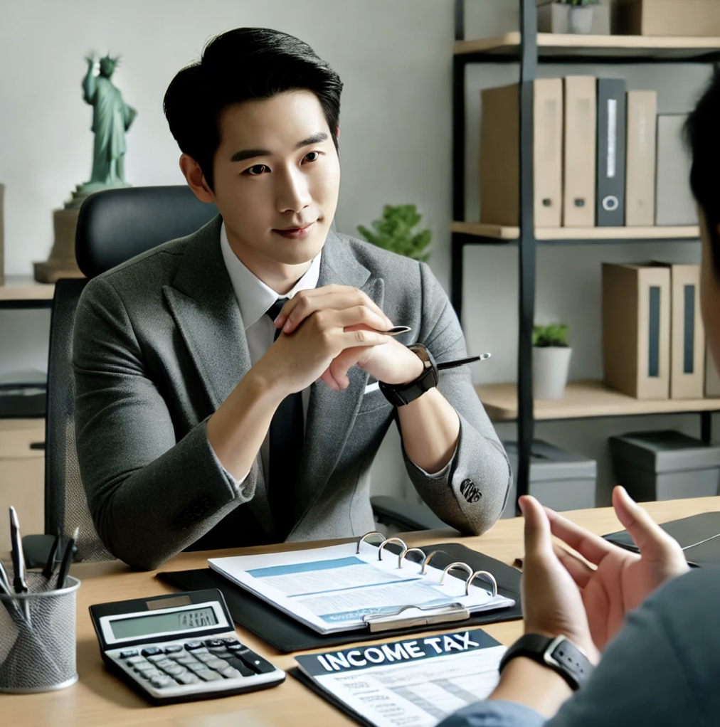 금융 컨설턴트가 고객에게 소득세 관련 조언을 제공하는 장면 