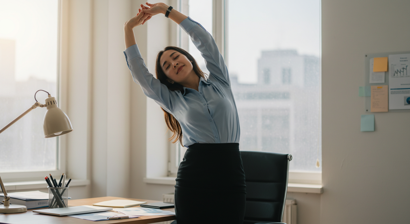 사무실에서 간단한 요가를 하는 직장인의 이미지