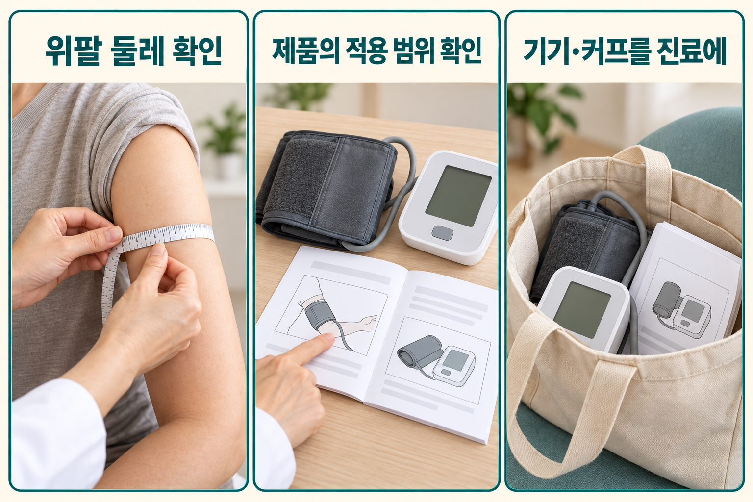 위팔 둘레를 재고 제품 설명서의 적용 범위를 확인한 뒤 혈압계와 커프를 진료에 준비하는 구성