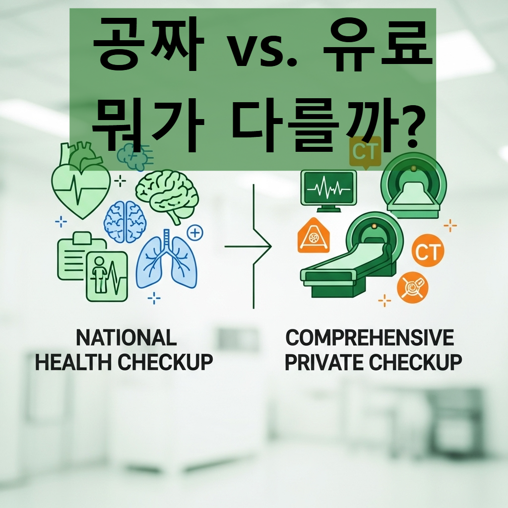국가 건강검진과 사설 종합검진을 비교하는 인포그래픽, 각각의 목적과 항목이 아이콘으로 시각화되어 대비되는 모습