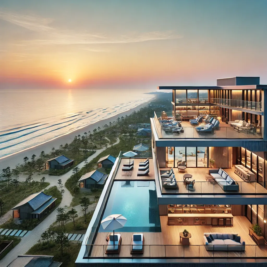 경포대 인근 고급 호텔과 동해의 일출 풍경