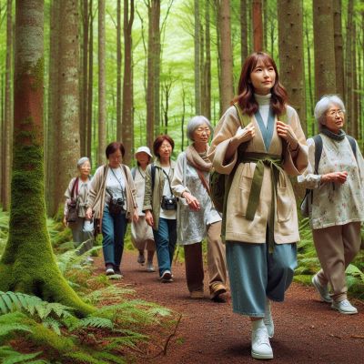 치유의 숲길을 따라 산림치유 프로그램 참가자들이 걷고 있는 장면