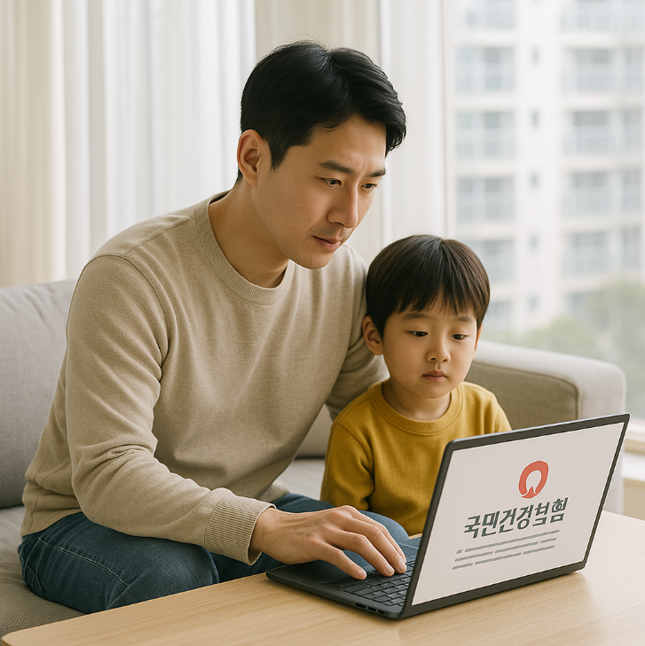 아이와 함께 있는 30대 아버지가 거실에서 노트북으로 건강보험 정보를 확인하는 모습