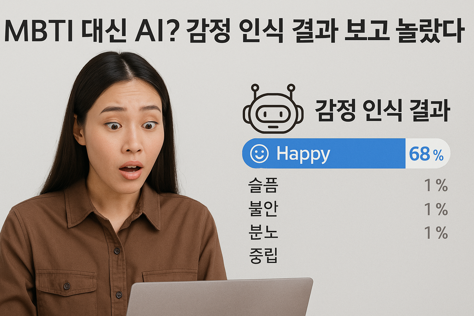 AI 감정 인식 기술을 주제로 한 블로그 썸네일 &ndash; 얼굴 인식 그래픽과 데이터 파동, &lsquo;MBTI 대신 AI? 감정 인식 결과 보고 놀랐다&rsquo; 제목이 포함된 이미지.