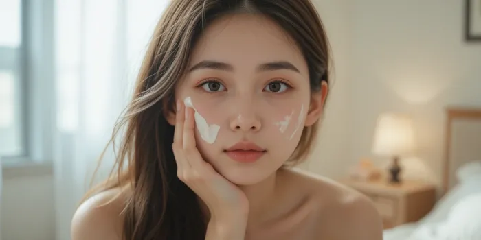 침실에서 얼굴에 크림을 바르는 장면