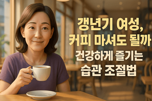 중년 여성이 아침에 커피를 마시고 있는 모습의 웹툰