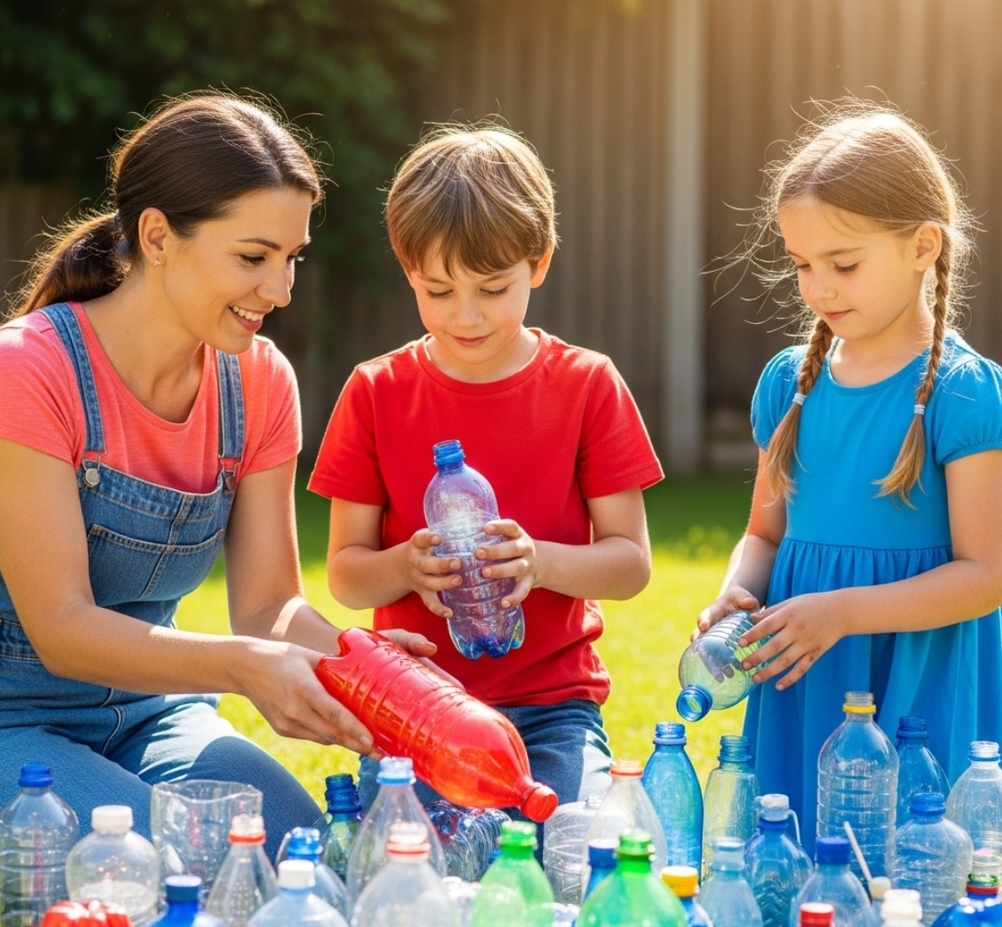 엄마랑 아들이랑 딸이 바깥에서 패트병을 모아서 색별로 분류하고 장난감 만들고 있는 사진