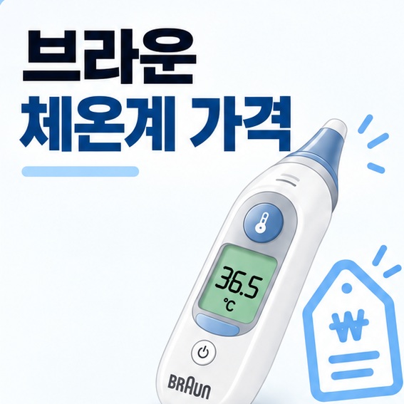 브라운 귀체온계와 가격표 아이콘 위에 브라운 체온계 가격 문구가 표시된 대표 이미지