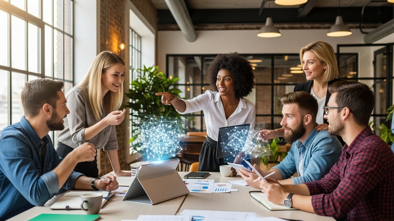 홀로그램 데이터 시각화 도구를 활용해 협업하는 미래 지향적인 코워킹 스페이스의 전문가들