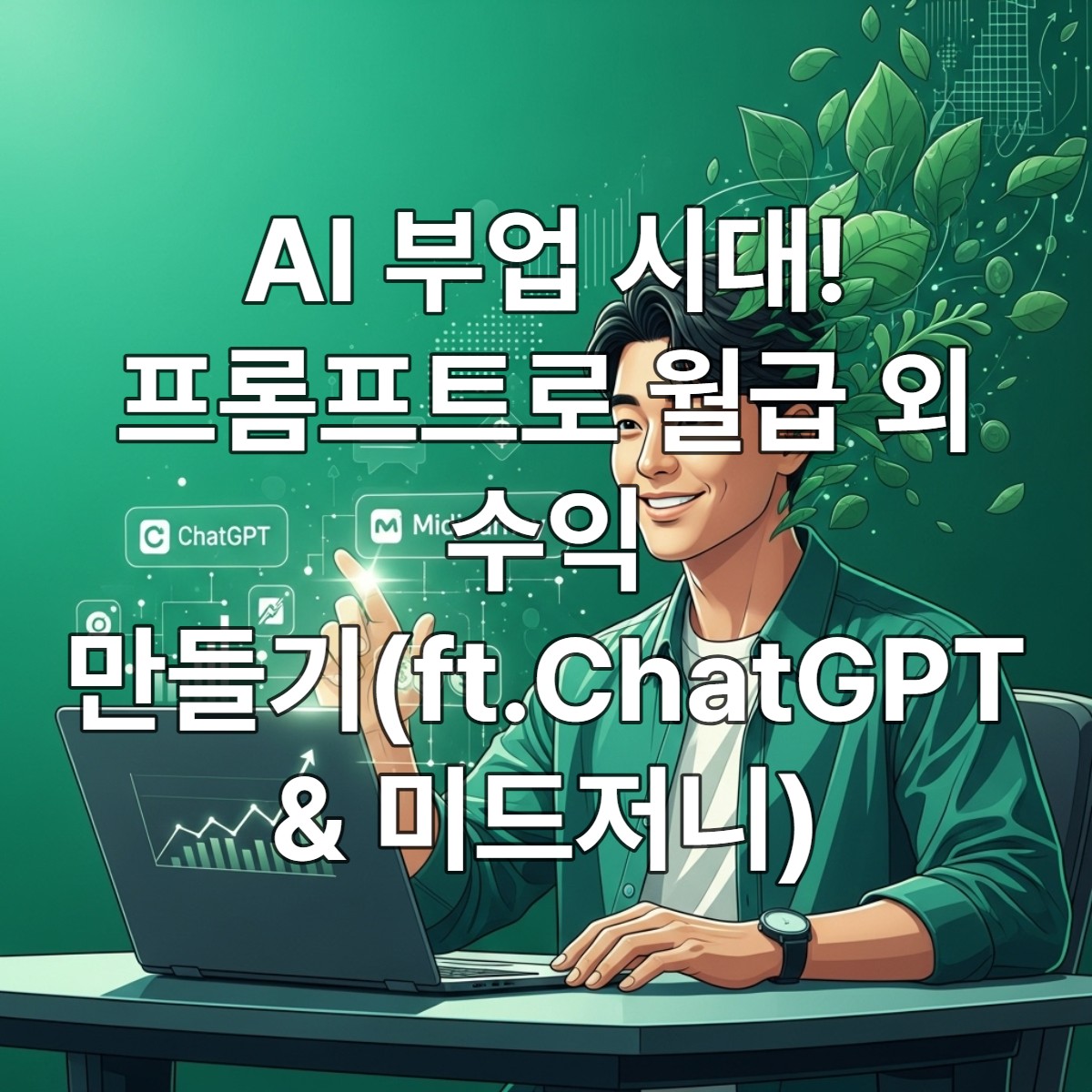 AI 도구인 ChatGPT와 미드저니를 활용하여 노트북으로 작업하며 월 100만원 수익을 창출하는 젊은 남성의 성공적인 모습