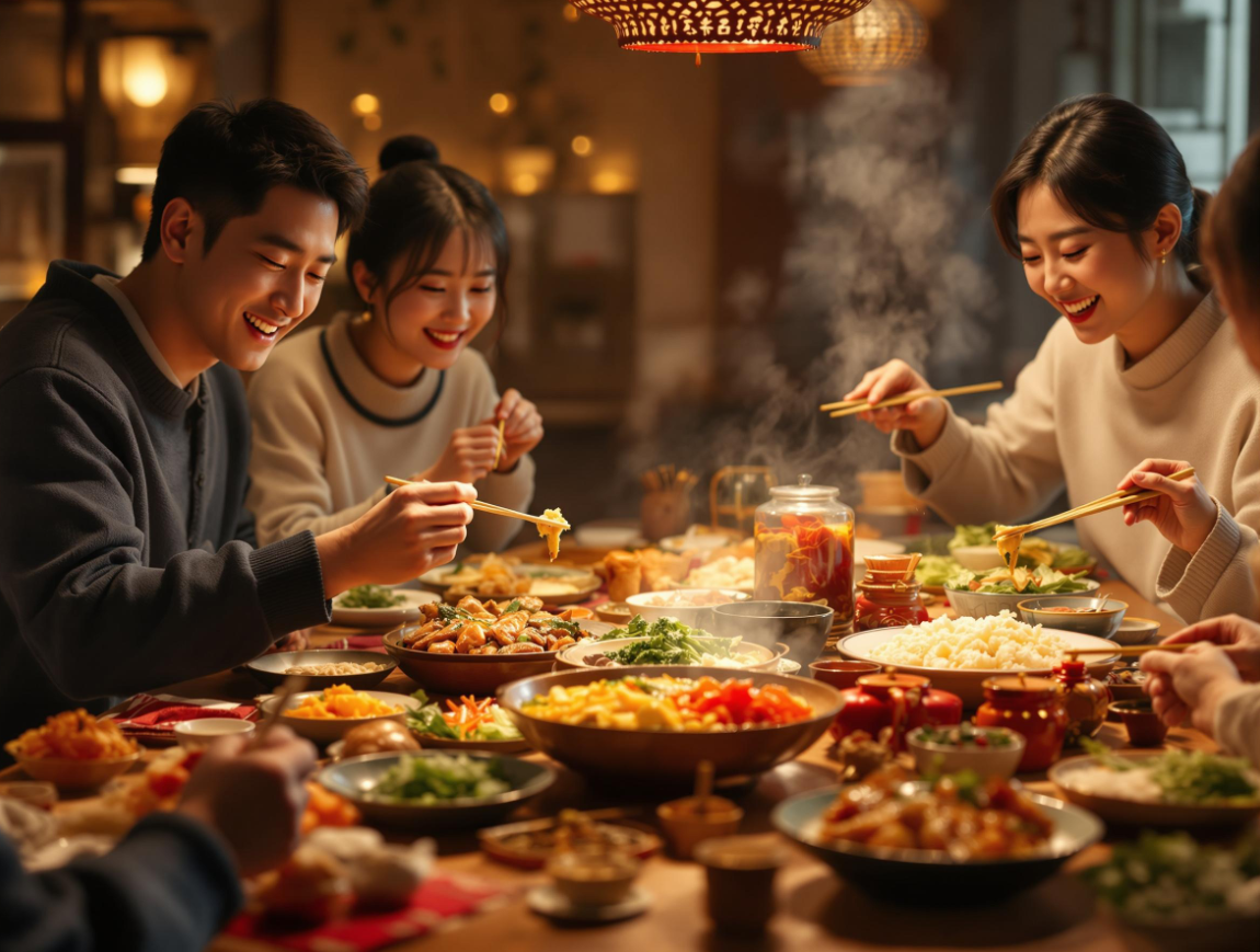 명절연휴 맛있는 음식 먹으면서 즐거워하는 모습