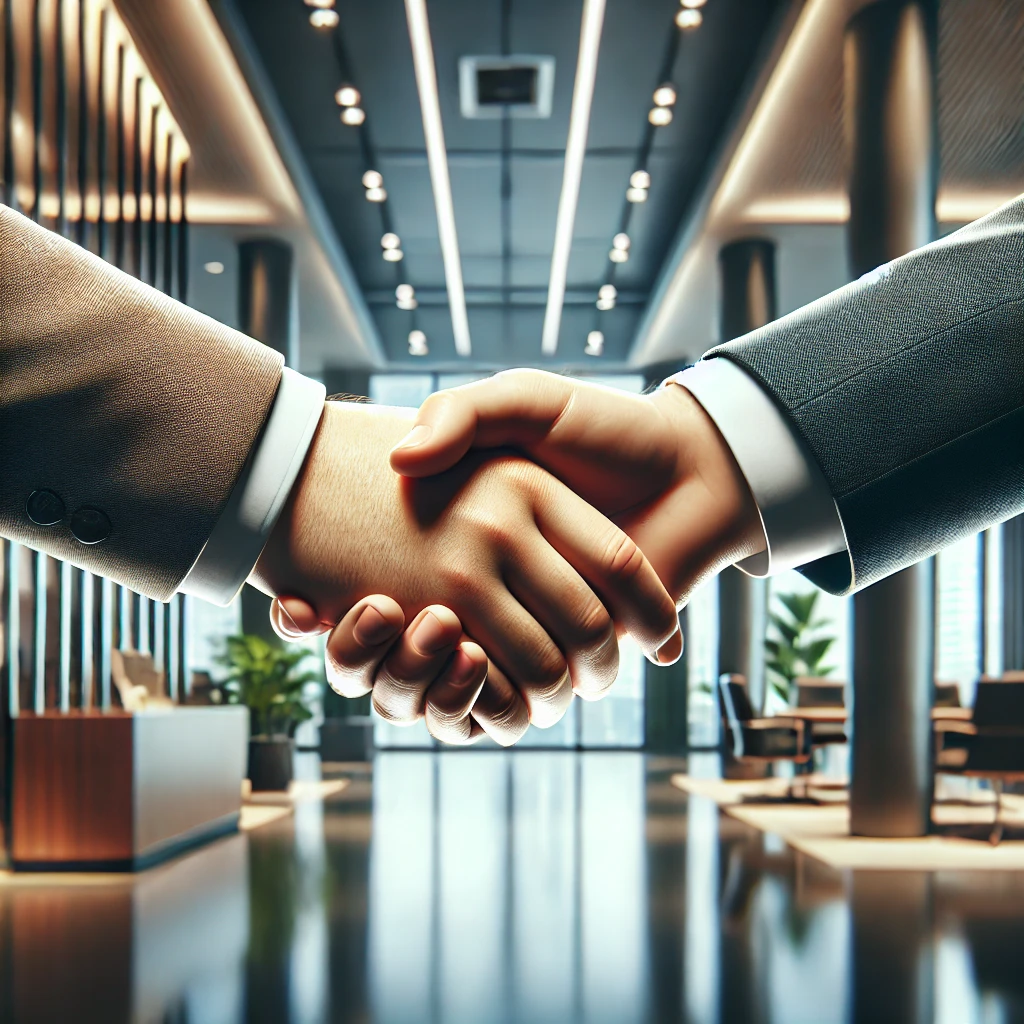 약속과 신뢰를 상징하는 현대적인 사무실에서의 악수