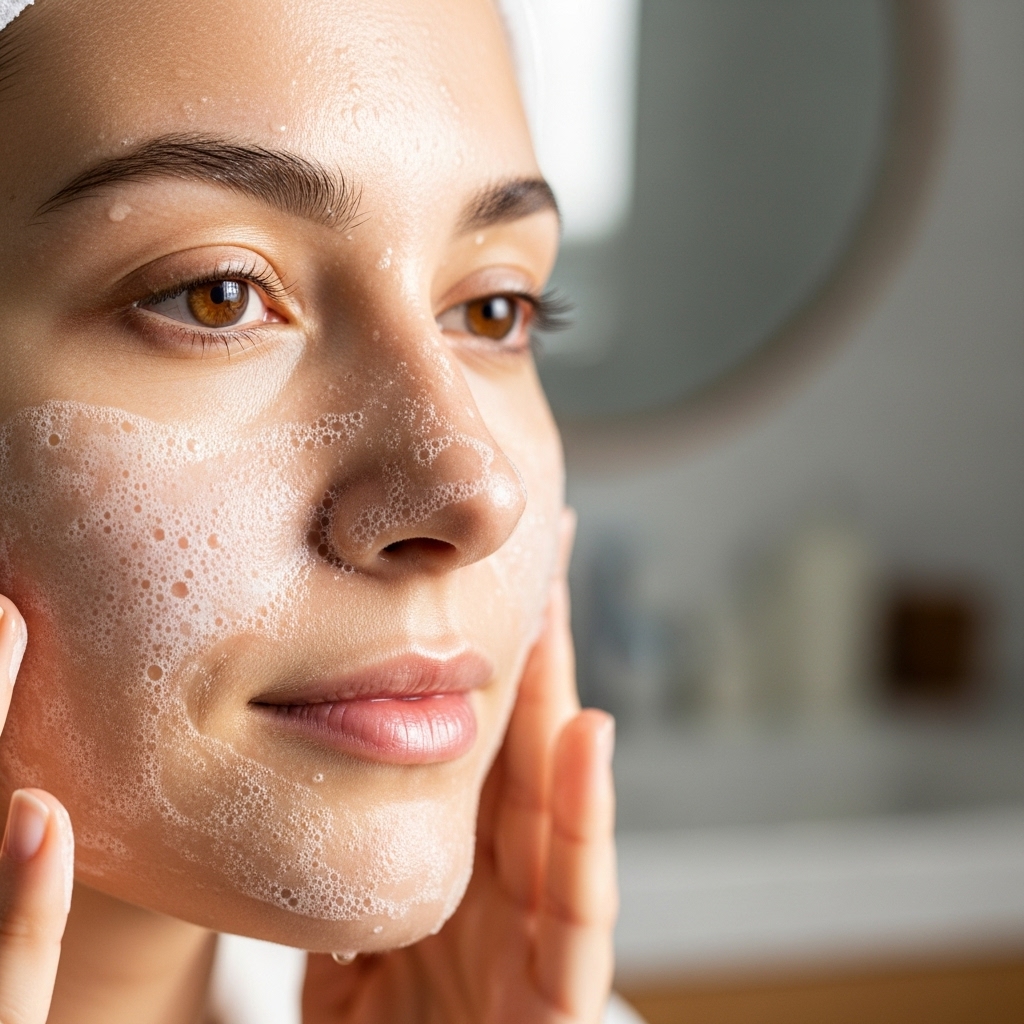 2025년 겨울, 순한 약산성 클렌징폼으로 세안하며 촉촉하고 건강한 피부를 유지하는 여성의 모습. 부드러운 거품이 피부를 감싸고 있다.